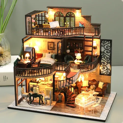 Puppenhaus mit Staubs chutz Casa Miniatur DIY Holz Puppenhaus Miniaturen Kinder Spielzeug Mädchen