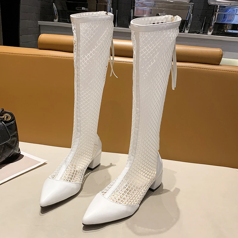 Weiß Stiefel 2022 Neue Sommer Frauen Kniehohe Stiefel Patent Leder Mesh Zipper Niedrigen Ferse Lange Stiefel Mode Herbst Dame schuhe