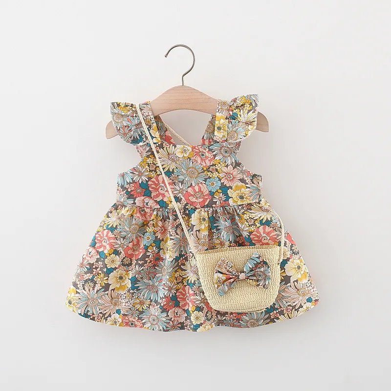 Sommer Baby Mädchen Kleid neue Vintage Garten Blume fliegende Ärmel Kleid mit Strohs ack Image