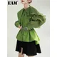 EAM-Chemisier vert plissé ceinturé pour femme chemise couvertes à revers manches longues grande