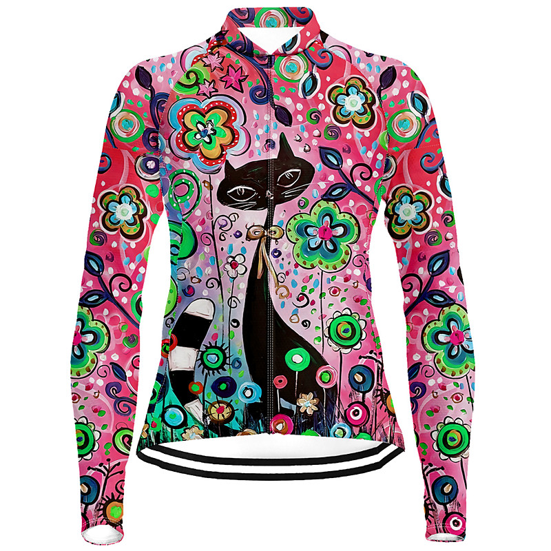 Women's Cycling Jersey Cat Floral Botanical Long Sleeve Bike Jersey Top with 3 Rear Pockets Mountain Bike MTB Road Bike Cycling Quick Dry Reflective Strips Back Pocket Moisture Wicking Sports Red