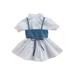 Faithtur Baby Short Sleeve Dress + Denim Vest Simple Adjustable Bandage