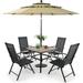 & William Outdoor 6 Pieces Dining Set with 4 Rattan Chairs 1 Wood-Like Metal Table and 1 10ft 3 Tier Auto-tilt Umbrella(No Base) Red Modern Patio Furniture for Poolside Porch Pati