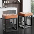 Nalupatio 24 Bar Stools Set of 2 Modern Square Counter Height Pu Leather for Kitchen Thick Cushion Metal Steel Frame Base with Footrest (Brown)