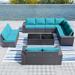 Outdoor Patio Furniture Set 6 Pieces Sectional Rattan Sofa Set Brown PE Rattan Wicker Patio Conversation Set with 5 Navy Blue Seat Cushions and 1 Tempered Glass Table