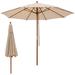 Gymax 9.5 FT Rope Pulley Wooden Umbrella Market w/ Fiberglass Ribs Patio Beige