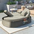 Patio Conversation Set Outdoor Sun Bed 2-Person Daybed with Cushions and Pillows Rattan Reclining Chaise Lounge with Adjustable Backrests and Foldable for Lawn Poolside (Gray)