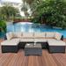 7 Pieces Outdoor PE Wicker Furniture Set Patio Rattan Sectional Conversation Sofa Set with Navy Blue Cushions and Glass Top Table