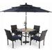 & William Outdoor 6 Pieces Dining Set with 4 Rattan Chairs 1 Wood-Like Metal Table and 1 10ft 3 Tier Auto-tilt Umbrella(No Base) Red Modern Patio Furniture for Poolside Porch Pati