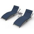 xrboomlife 3 Pieces Patio Chaise Lounge Set Outdoor PE Rattan Lounge Chair Adjustable Backrest Reclining Chair with and Cushion for Patio Poolside Backyard Porch Beach(Navy Blue)