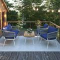 4 Pieces Patio Conversation Set Wicker Balcony Bistro Set Outdoor All-Weather Furniture Set with Loveseat Chairs Table Soft Cushion for Backyard Porch Balcony Garden Navy Blue