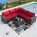 Outdoor Patio Furniture Set 6 Pieces Sectional Rattan Sofa Set Brown PE Rattan Wicker Patio Conversation Set with 5 Navy Blue Seat Cushions and 1 Tempered Glass Table