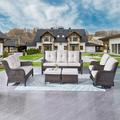 Rilyson Wicker Patio Furniture Set - 5 Piece Rattan Outdoor Sectional Conversation Sets with 2 Rocking Swivel Chairs 2 Ottomans and 1 Sofa for Porch Deck Garden(Brown/Beige)