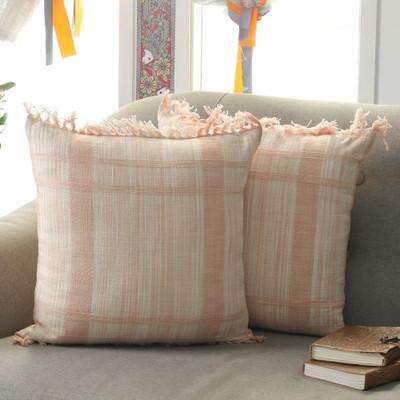 Passionate Peach,'Peach and Vanilla Fringed Cotton Cushion Covers (Pair)'