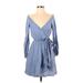 Likely Casual Dress - Fit & Flare Plunge 3/4 sleeves: Blue Stripes Dresses - Women's Size Small