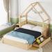 Queen Size House Platform Bed with 2 Storage Drawers, Wooden House Bed Frame with House Shaped Headboard and Guardrail for Kids
