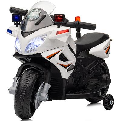 Hikiddo 6V Motorcycle, Electric Ride on Toys Police Motorcycle for Toddlers w/Music, Training Wheels in White/Black | Wayfair HKJC911USWH6-SJ4X3301