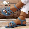 LazySeal Blau Denim Mode Frauen Flache Ferse Sandalen Elastische Band Sommer Schuhe Für Frau Süße Sommer Casual Schuhe Plus Größe 43