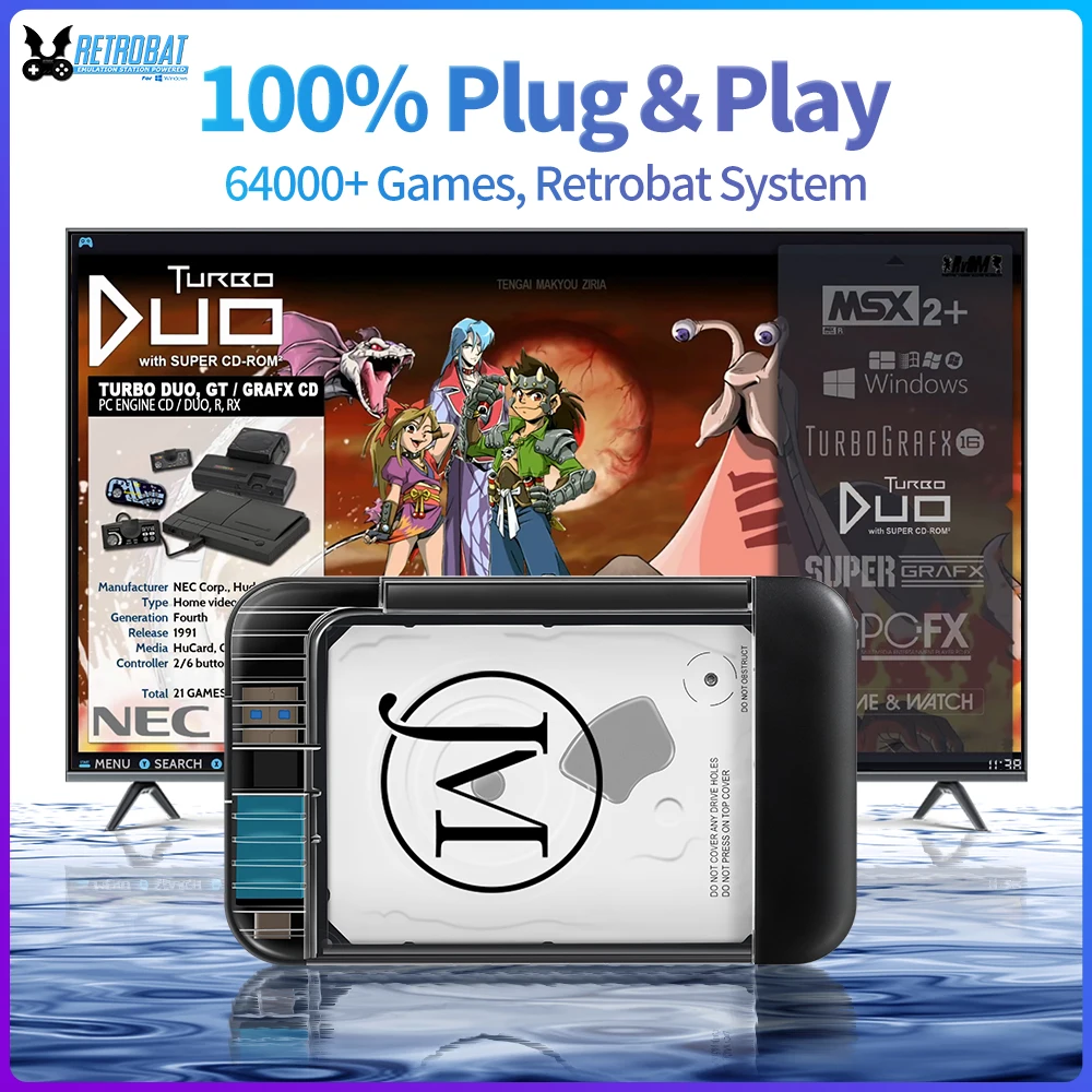 RETROBAT Tragbare 500G-Gaming-HDD-Konsolen 70+ Emulatoren 64000+Retro-Spiele für PS3/PS2/DC/N64/PSP/MAME/SS für Windows Laptop und PC