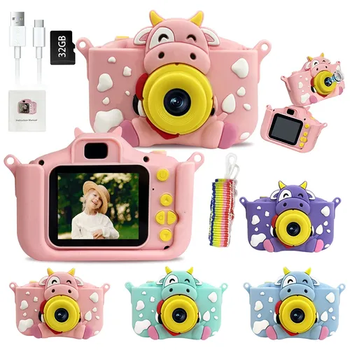 Kinder Digital kamera Spielzeug 1080p HD Foto Videokamera mit 32GB Karte Cartoon Kuh Silikon Fall
