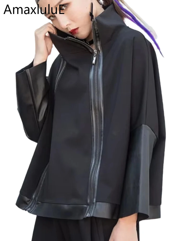 Amax luluE Frühlingsmode Damen Kunstleder Reißverschlüsse Jacken Damen Schwarz Vintage Rollkragenmäntel Klassische Biker PU Oberbekleidung