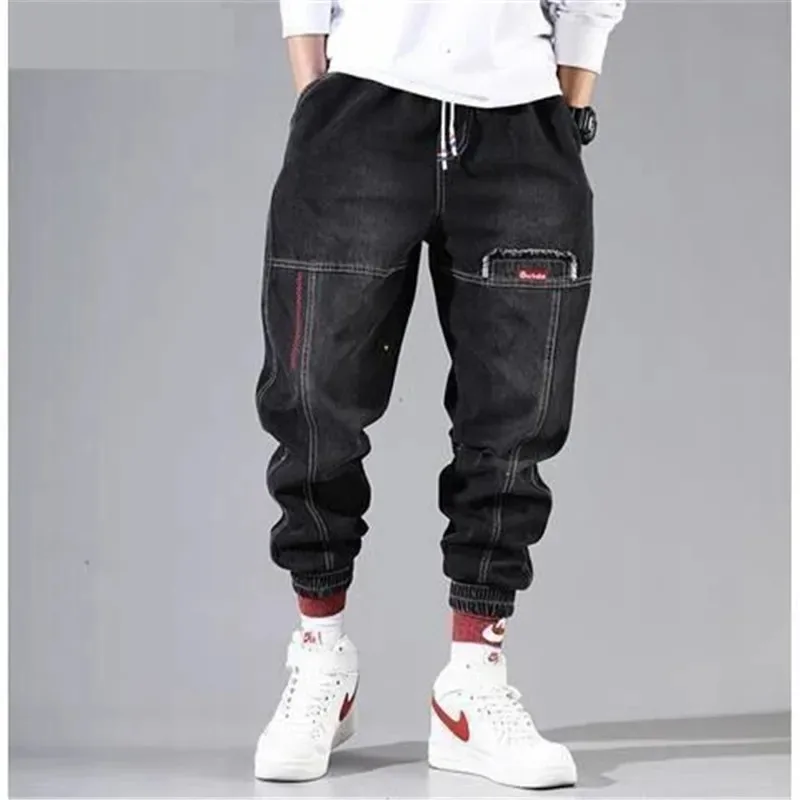 Korean Fashion Ankle Banded Denim Männer Jeans Schwarz Grau Cargo Hosen für Männer Elastische Baggy Harem Hosen Street Hip Hop Jeans