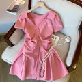 Robe rose de Style coréen pour femmes nouvelle collection Sexy col en V manches courtes taille