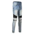 DistMurcia-Jean déchiré skinny pour homme pantalon déchiré fermeture éclair patchwork document