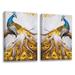 Red Barrel Studio® Blue Peacocks w/ Golden Feather Framed On Canvas 2 Pieces Set Metal | 32 H x 48 W x 3 D in | Wayfair