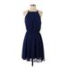 Blue Rain Casual Dress - Mini Halter Sleeveless: Blue Print Dresses - Women's Size Small