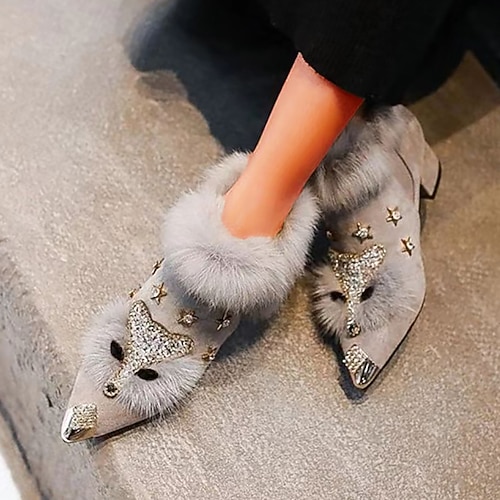 graue, pelzbesetzte Stiefeletten mit spitzer Spitze für Damen – Strass-Fuchs- und Sternverzierungen mit klobigem Absatz Image