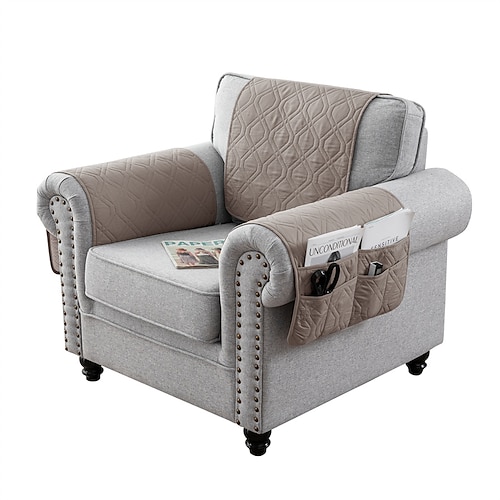 100 % wasserdichte Armlehnen-Schonbezüge, Rückenlehnen-Set, gesteppter Sofa-Armlehnenbezug mit einer Seitentasche für 1/2/3 Liegesitz-Kopfstützenbezüge, rutschfester Möbelschutz für Sofa-Liegestuhl Image