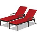 YZboomLife Patio Chaise Lounge Outdoor Wicker Rattan Chaise with Adjustable Backrest and Armrest for Beach Pool Yard Rattan Sun Lounger with Padded Cushion Red