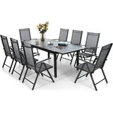 & William 9 Pieces Patio Dining Set for 8 Outdoor Furniture with 1 X-Large E-Coating Square Metal Table and 8 Grey Portable Folding Sling Chairs Outdoor Table & Chairs for Porch