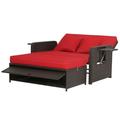 Gymax Rattan Loveseat Set Daybed Lounge Storage Ottoman Side Tables Adjust Red Patio