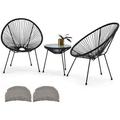 YZboomLife 3-Piece Patio Acapulco Chairs Set All-Weather Wicker w/Pillow & Glass Top Table Outdoor Rattan Conversation Set for Porch Garden Balcony Deck Poolside Black