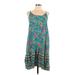QEARAL Casual Dress - A-Line Scoop Neck Sleeveless: Teal Print Dresses - Women's Size Large