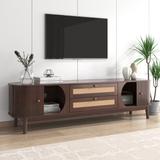 Rattan TV Stand for TVs up to 75'', Modern Farmhouse Media Console, Entertainment Center with Solid Wood Legs