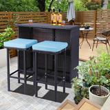 3 Piece Patio Bar Set, Outdoor Bar Table and Chairs Set for 2, Tiki Wicker Bar Table Set with Stools and Removable Cushions