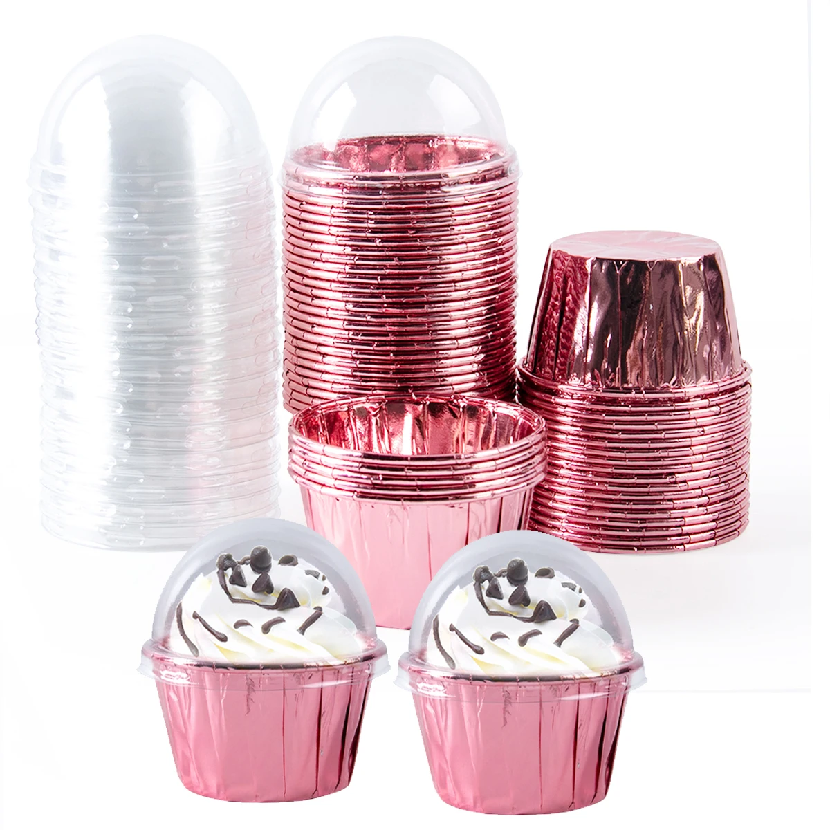 25/50 Stück Folien-Cupcake-Einlagen, hitzebeständige Aluminium-Kuchenförmchen, runde Backförmchen mit Deckel, Küche, Hochzeit, Geburtstag, Party-Versorgung Image