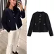 TRAF Black Tweed Jacket Women Vintage Cropped Women's Spring Jacket Button New In Short Coat Woman