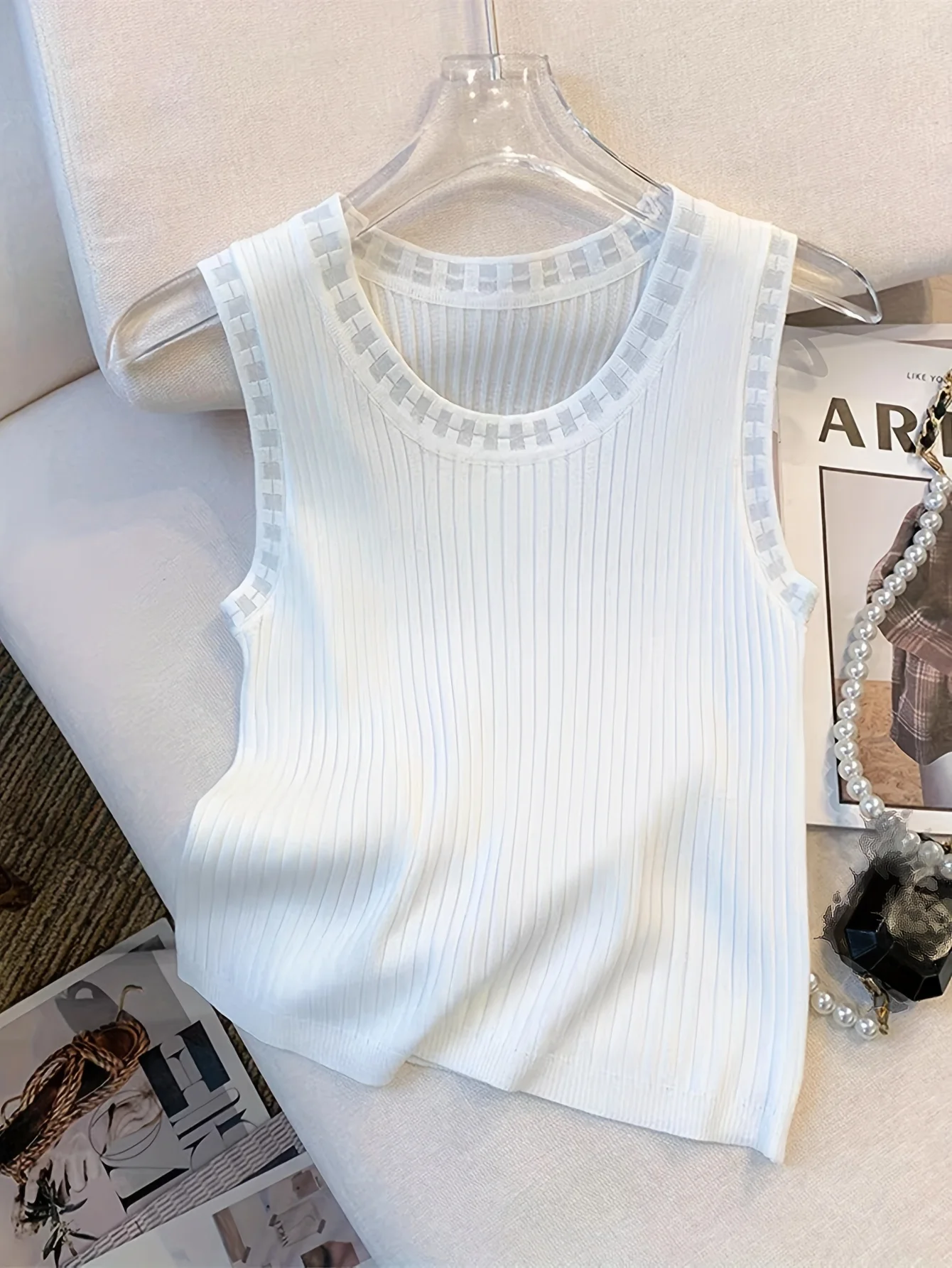 2025 Thin Elastic Contrast Trim Crew Neck Tank Top Casual Sleeveless Knit Tank Top For Summer, Women's Clothing Crop Top