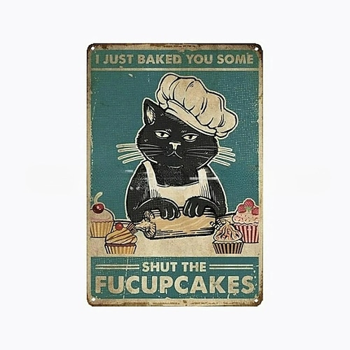 1 Stück Retro-Metall-Blechschild, Katze, Wein, Blechschild, Vintage-Küchenschilder, Wanddekoration, Malerei, Wandbehang für Heimdekoration, Wandkunst, Metall-Blechschild, 20 x 30 cm/8'' x 12'' Image