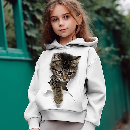 Mädchen 3D Katze Kapuzenshirt Pullover Langarm 3D-Druck Herbst Winter Aktiv Modisch Kuschelig Polyester kinderkleidung 3-12 Jahre Outdoor Casual Täglich Regular Fit Image