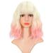 Pastel Wavy Wig With Air Bangs Women s Short Bob Purple Pink Curly Shoulder Length Bob Synthetic Daily Use Colorful Cosplay Wig for Girls (12 white&Pink)