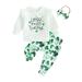 Qtinghua Toddler Baby Girls St. Patrick s Day Outfits Letter Print Sweatshirt Shamrock Print Pants Headband 3Pcs Clothes White 0-6 Months