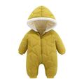 QUYUON Infant Baby Down Romper Thicken Warm Fleece Lined Hooded Jumpsuits Zipper Front Long Sleeve Quilted Lightweight Puffer Jackets Coat One-Piece Rompers Snap Closure Khaki 9 Months