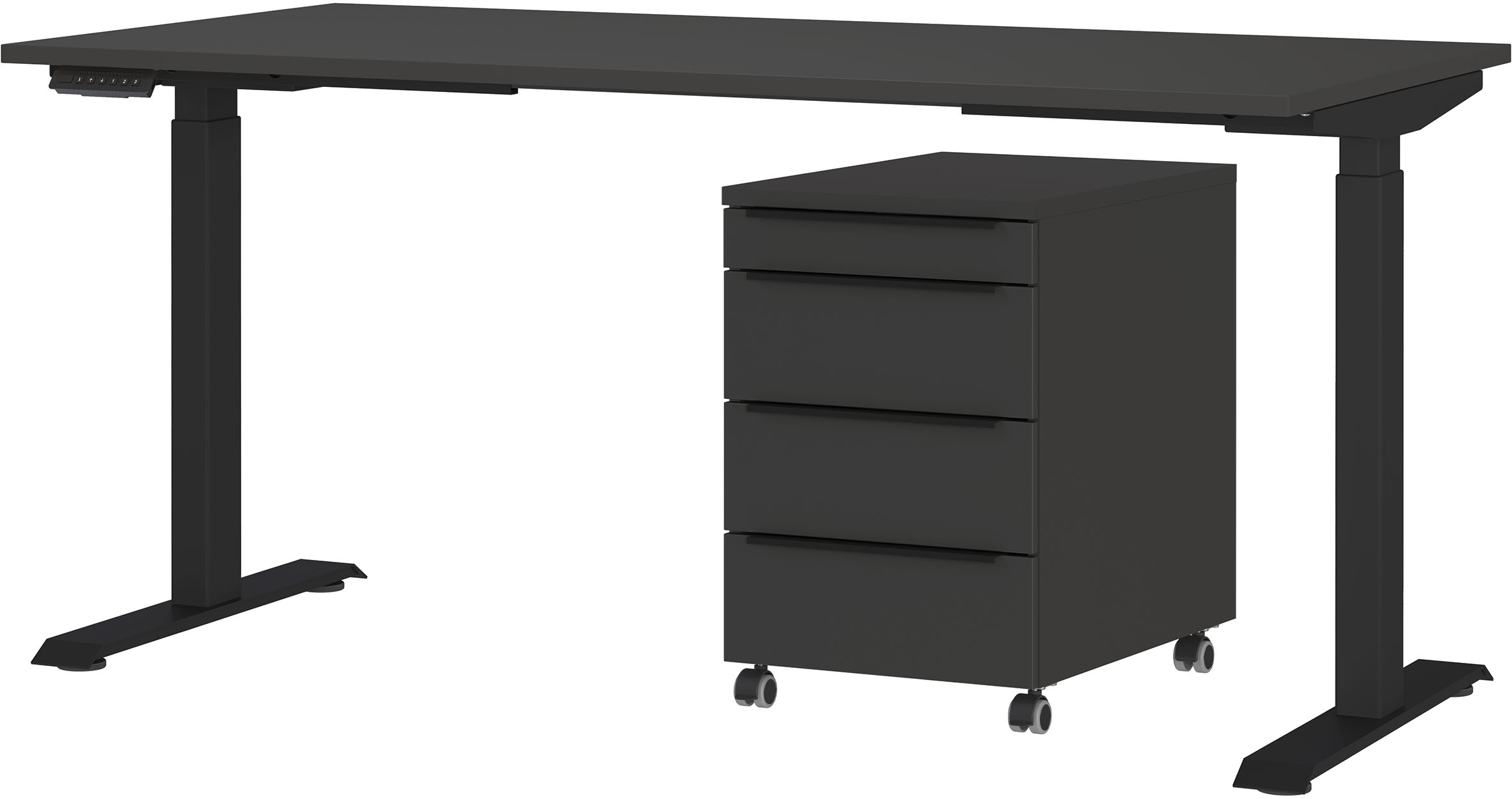 Büromöbel-Set GERMANIA "Mailand, inkl. Schreibtisch (elektr. höhenverstellbar) & Rollcontainer", grau (graphit), B:160cm H:75,05cm T:80cm, Metall, Spanplatte, Arbeitsmöbel-Sets, Büromöbel-Set, Breitenvariante wählbar (140-180 cm), Made in Germany