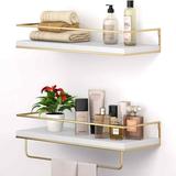 White Floating Shelves - Set of 2, Wall Mounted Hanging Shelves with Golden Towel Rack, Decorative Storage Shelves