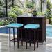 3-Piece Outdoor Patio Bar Set, Brown Wicker Bar Table Two Stools with Cushions for Lawn, Poolside